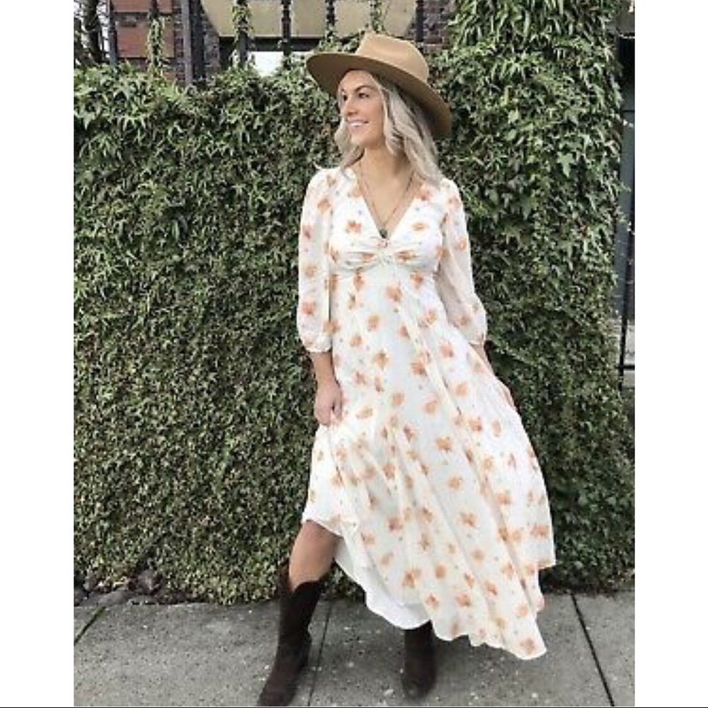 Free People Feminine Ivory Orange Floral Maxi Dress